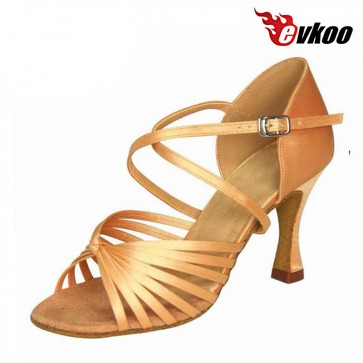 Evkoo Dança Preto/Bege/Khaki/Sliver Mulher Salsa Latin Sapatos de Dança Feita Por Cetim Evkoo-048