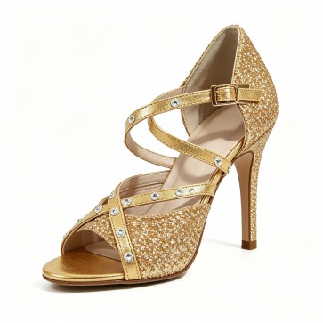 Women's Gold Glitter Latin/Ballroom/Salsa/Cha Cha Dance Shoes PU Upper Rhinestone Crisscross Straps Ankle Buckle Stiletto Heels