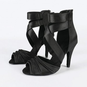 Women's Black Satin Latin Dance Shoes Crisscross Ankle Straps Back Zipper Stiletto Heels Professional Salsa Bachata Ballroom