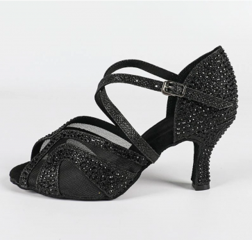 Women's Black Rhinestone Mesh Latin Dance Shoes Peep Toe Criss-Cross Ankle Strap Stiletto Heel Salsa Ballroom Cotton Lining