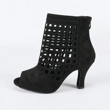 Women's Black Hollow-Out Ankle Dance Boots Peep Toe Back Zipper High Heel Salsa Tango Latin Ballroom Shoes PU Upper Suede Sole