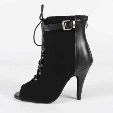 Women's Black PU Upper Ankle Dance Boots Peep Toe Lace-Up Cutout High Heel Latin Salsa Jazz Ballroom Booties Suede Sole Indoor