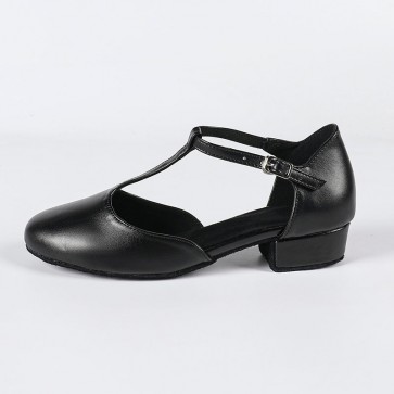 Womens Black PU T-Strap Casual Medium Ballroom/Salsa/Waltz Dance Shoes Low Block Heel Suede Sole Indoor Dancing