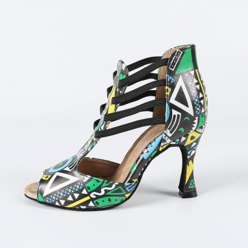 Ethnic Geometric Print Peep‑Toe Stiletto Latin Dance Shoes (Two colorways: green‑yellow‑blue tone, red‑yellow tone; suitable for Latin competitions and stage performances)