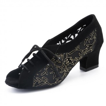 This professional women’s dance shoe features mesh with gold‑thread embroidery spliced with suede fabric. The block‑heel lace‑up peep‑toe design suits Latin dance, ballroom dance, modern dance for daily training and competitions.