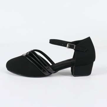 Black Matte Suede & Patent Leather Buckle Block-Heel Closed-Toe Professional Indoor Modern Ballroom Dance Shoes for Adult Women
