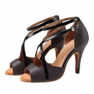 Black Honeycomb Texture Glossy Cross-Strap Peep-Toe Stiletto Professional Indoor Latin Standard Dance Shoes for Adult Women