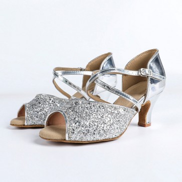 Women’s Professional Latin Dance Shoes, Silver Sequin & Mirror PU Upper, Crisscross Ankle Straps, Block Mid Heel, Peep-toe Design, Indoor Suede Outsole for Performance and Training