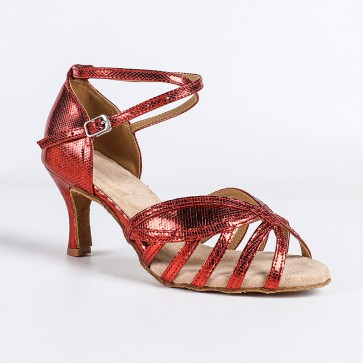 Women's Professional Latin Dance Shoes, Red Snake‑Skin Embossed Shiny PU Upper, Crisscross Wraparound Ankle Straps, Mid Heel, Hollow Peep‑toe, Indoor Suede Soft Outsole for Daily Training & Stage Performance