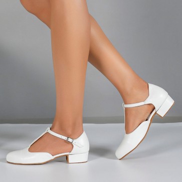 Women's Pure White T‑strap Buckle Block Low‑heel Hollow‑out Round‑toe Modern Dance Shoes with Indoor Suede Soft Sole, Professional Genuine Leather Ballroom Dance Footwear for Daily Training & Stage Performance