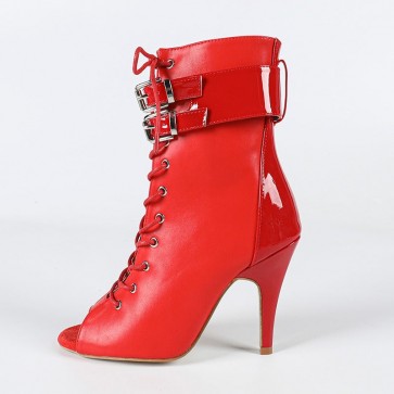 Red Open-Toe Double-Buckle Lace-Up Stiletto Dance Ankle Boots
