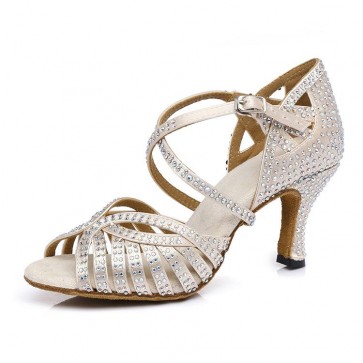 Women's Rhinestone-encrusted Crisscross Strap Peep-toe Stiletto Latin Performance Dance Shoes