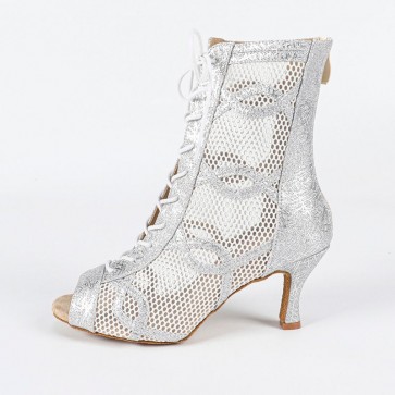 Silver Mesh Peep-toe Lace-up High-heel Latin Dance Ankle Boots
