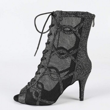 Black Glitter Mesh Lace-up Ankle-Boot Style High Heel Latin Dance Shoes