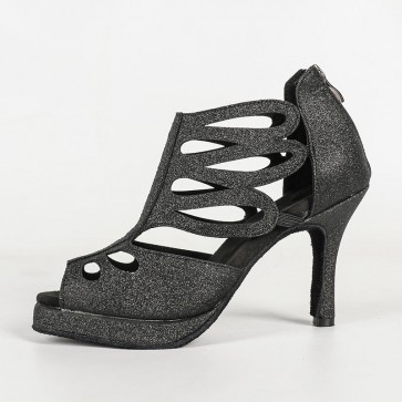 Black Glitter Hollow-out Platform Peep-Toe Back-Zip High-Heel Latin Dance Shoes