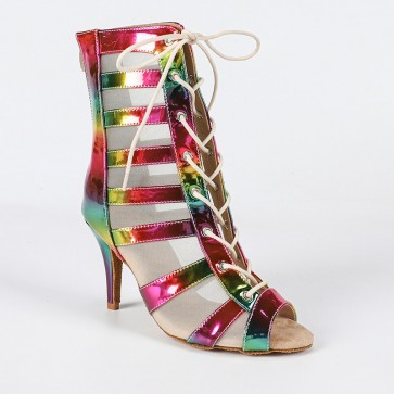 Women's Laser Rainbow Mesh Lace-up High Heel Latin Dance Ankle Boots