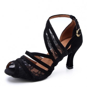 Professional High-heel Latin Dance Shoes with Lace Mesh & Crisscross Straps