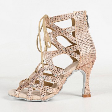 Champagne Full‑Rhinestone Front‑Lace High‑Top High‑Heel Professional Latin Dance Boots