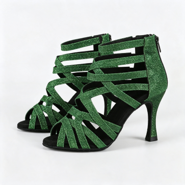 Green Glitter High‑Top Back‑Zip Stiletto Latin Dance Shoes