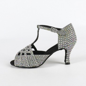 Rhinestone-Encrusted T-Strap Buckle Stiletto Latin Dance Shoes
