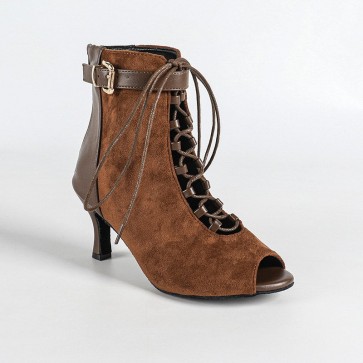 Brown Suede Spliced Lace‑Up Peep‑Toe High‑Heel Latin Dance Ankle Boots