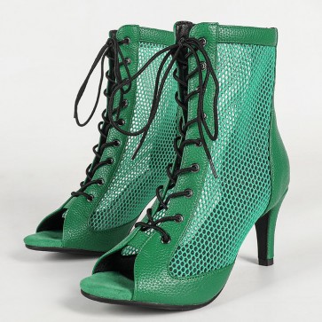 Green Mesh Lace‑Up Peep‑Toe Stiletto Latin Dance Ankle Boots