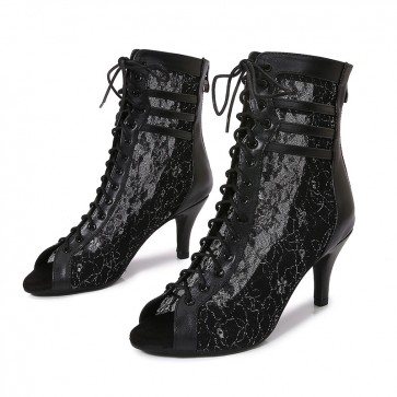 Women's Black Lace Mesh High‑top Lace‑up Peep‑Toe Slim Heel Dance Boots, Outdoor Rubber‑Sole Latin Dance Boots