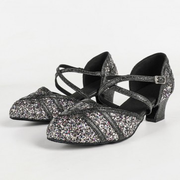 Women's Black Glitter Closed‑Toe Block‑Heel Modern Dance Shoes, Crisscross Buckle Indoor Dance Shoes