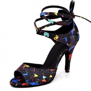 Women's Color Graffiti Print Latin Dance Shoes, Peep‑Toe Ankle Wrap Lace‑Up High‑Heel Dance Shoes, Indoor Suede Sole Samba Cha‑Cha Dance Shoes