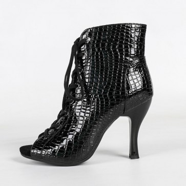 Women's Black Crocodile Patent High‑Top Latin Dance Boots Peep‑Toe Lace‑Up High Heels