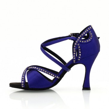 Women's Royal Blue Satin Rhinestone Latin Dance Shoes, Crisscross Straps Open‑Toe Soft Sole High Heels