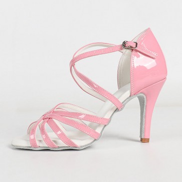 Women's Pink Patent Leather Cross‑Strap Latin Dance Shoes, Stiletto Heel Soft Sole Ballroom Dancing Shoes