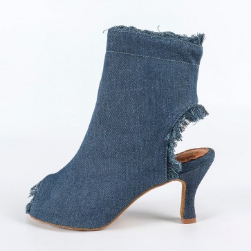 Women’s Denim Fringe Cut‑Out Ankle Boot Latin Dance Shoes, Side Zipper Suede Sole High Heel Salsa Ballroom Practice Footwear