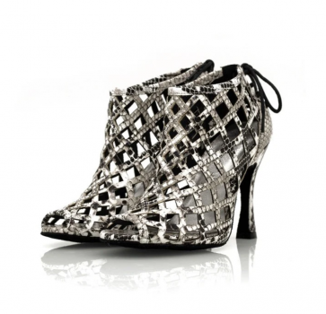 Women Snake Print Cut‑Out Grid Ankle Dance Boots, Peep‑Toe Back Lace‑Up High Heel for Latin Salsa Performance