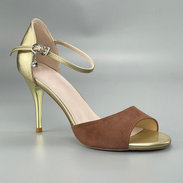 Women Suede‑Metallic Splicing Latin Dance Shoes, Peep‑Toe Ankle Strap Stiletto Heel Ballroom Salsa Performance Footwear