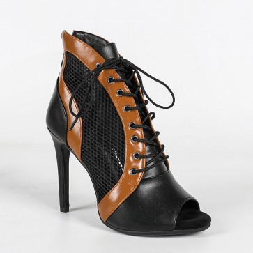 Black‑Brown Color‑Block Mesh Peep‑Toe Lace‑Up Dance Ankle Boots For Women, Stiletto Heel