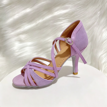 Custom Handmade Women's High-Heel Violet Spliced Denim 5-Strap Basic Cowboy & Latin Dance Shoes with Suede Outsole
