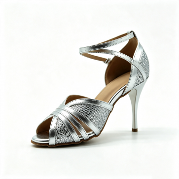 Evkoodance Mambo Queen Silver Glitter Crisscross Women's Ballroom/Latin Dance Shoes PU Upper Suede Outsole Comfortable