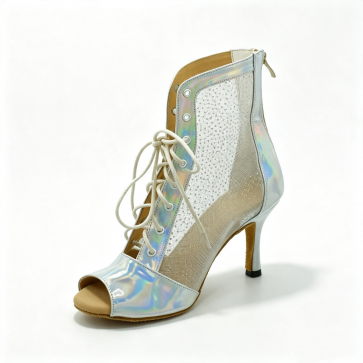 Evkoodance Iridescent Holographic Mesh Lace-Up High-Top Latin Dance Ankle Boots with PU Upper and Suede Outsole
