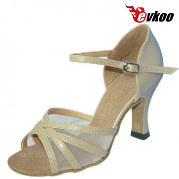 Evkoo Dance Red Khaki Color Pu With Mesh Salsa Dancing Shoes Woman Latin Dance Shoes 7cm Heel Evkoo-102