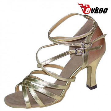 Evkoo Dance Tan With Golden Color Pu Leather Woman Latin Tango Salsa Dance Shoes 7cm Heel Evkoo-130