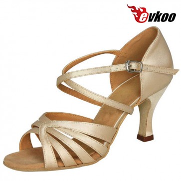 Khaki Satin Woman Dance Shoes 7cm Heel Shoes Salsa Latin Leather Sole Free Shipping Shoes Evkoo-199