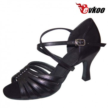 Black Leather Gold Pu Salsa Dance Latin Shoes For Ladies 7cm Heel Hot Sale Popular Dance Shoes Evkoo-226