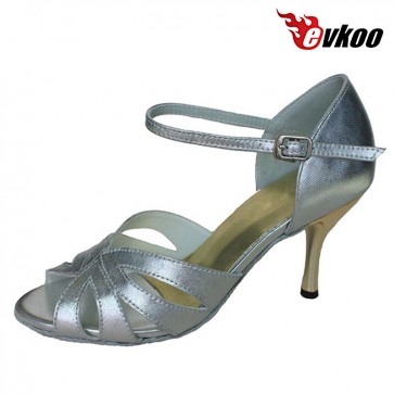  Free Shipping New Design Latin Leather Ballroom Latin Dance Shoes for Women  silver Color  Evkoo-274