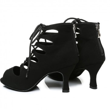Women's Black Cutout Lace-Up Latin Dance Ankle Boots Peep Toe Back Zipper Mid Heel Salsa Jazz Ballroom Shoes PU Suede Rubber