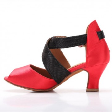 Women's Red Satin Latin Dance Shoes Black Snake Texture Crisscross Straps Rhinestone Buckle Ballroom Salsa Cha Cha Heels