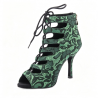 Women Green Printed Lace Cutout Peep-Toe Rubber Upper Suede Outsole Cotton Lining Ballroom/Latin Dance Heels