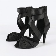 Women's Black Satin Latin Dance Shoes Crisscross Ankle Straps Back Zipper Stiletto Heels Professional Salsa Bachata Ballroom