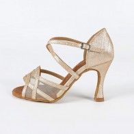 Women's Evkoodance Gold Glitter Mesh Latin Dance Shoes Criss-Cross Ankle Strap High Heel Salsa Tango Ballroom Suede Sole Indoor