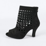 Women's Black Hollow-Out Ankle Dance Boots Peep Toe Back Zipper High Heel Salsa Tango Latin Ballroom Shoes PU Upper Suede Sole